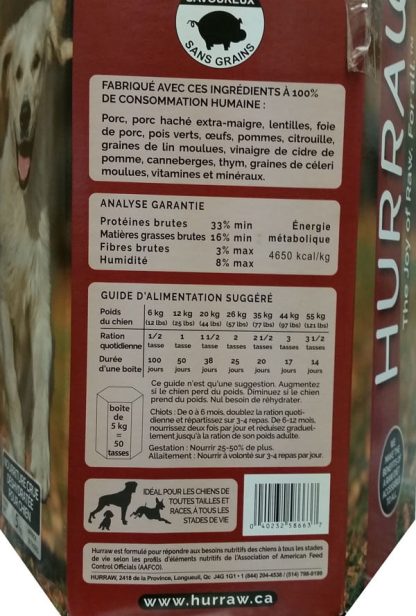 Nourriture crue déshydratée pour chien Porc Hurraw, SANS GRAINS